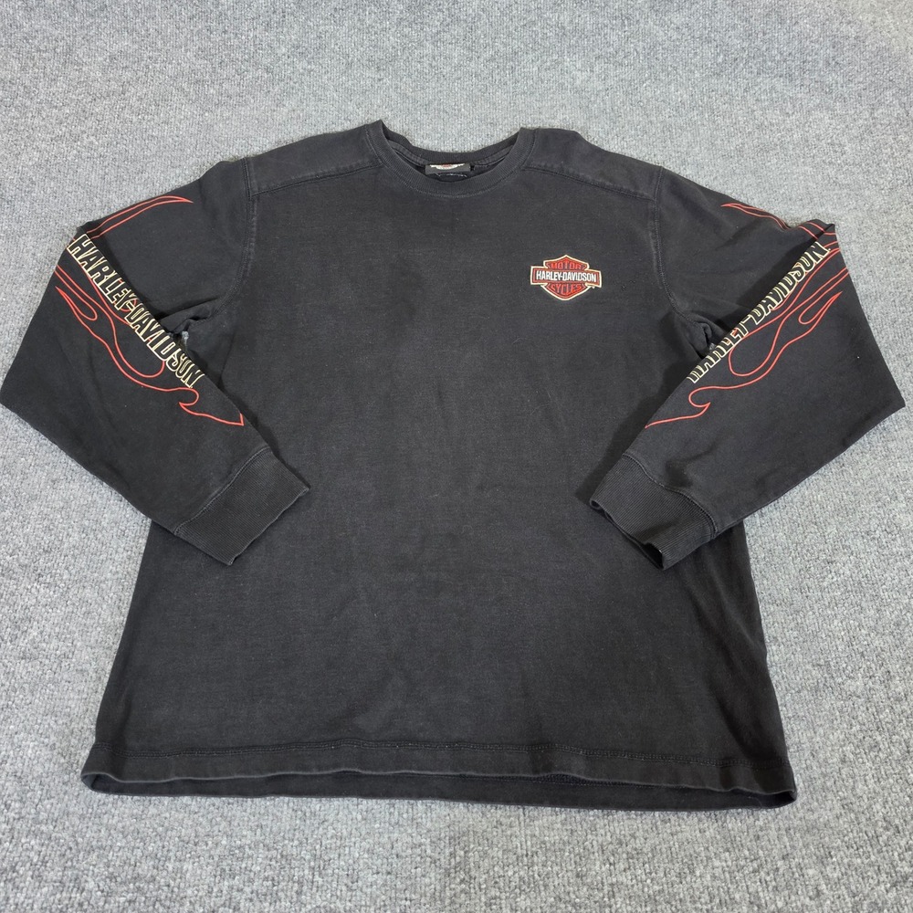 Y2K Harley Davidson Mens Black Long Sleeve Graphic T-Shirt Flame Sleeve Size M
